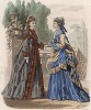 Модели из популярнейшего французского журнала мод La Mode de Paris, издававшегося во Франции в 1870-е годы. Шлейф, драпированный турнюр, плащ украшен бантами. Лист № 42.