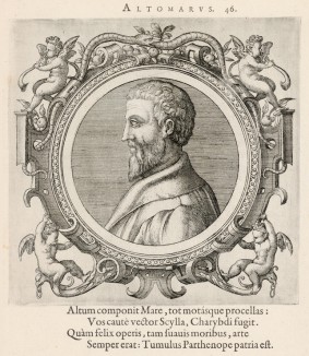 Антонио Донато по прозвищу Альтомаро (1506--1562 гг.) -- известный итальянский врач (лист 46 иллюстраций к известной работе Medicorum philosophorumque icones ex bibliotheca Johannis Sambuci, изданной в Антверпене в 1603 году)