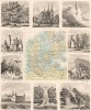 Карта Дании, а также десять картушей, гравированных на стали в 1862 году, с изображениями жителей, животных, пейзажей и памятных мест Датского королевства и острова Исландия. Illustriter Handatlas F.A.Brockhaus. л.14. Лейпциг, 1863