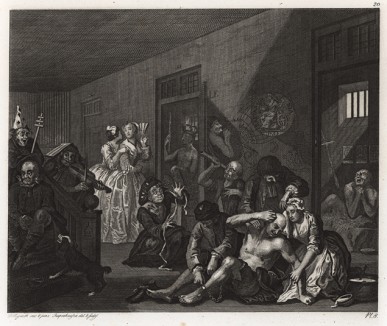Карьера мота, гравюра VIII. «В сумасшедшем доме», 1735. Превратности судьбы довели некогда богатого наследника до сумасшествия. В Бедламе рядом с мотом Хогарт изображает ту же молодую женщину, что мы видим на гравюрах I, IV и VII. Геттинген, 1854