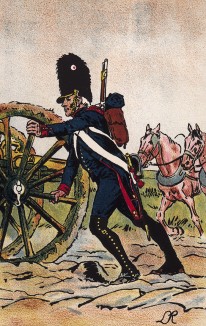 Шестидневная война Наполеона 10-14 февраля 1814 г. Солдат французской полевой артиллерии в сражении при Монмирале 11 февраля 1814 г. Коллекция Роберта фон Арнольди. Германия, 1911-29