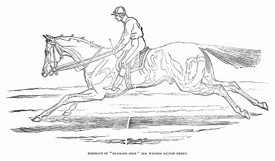 Жеребец по кличке "Бегущая власть" -- победитель на знаменитых скачках Дерби, проводящихся на ипподроме в английском городе Эпсом (The Illustrated London News №108 от 25/05/1844 г.)