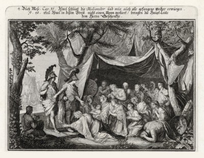 Израильтяне в пустыне (из Biblisches Engel- und Kunstwerk -- шедевра германского барокко. Гравировал неподражаемый Иоганн Ульрих Краусс в Аугсбурге в 1700 году)