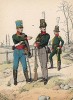 Гусар и пехотинец саксонского добровольческого корпуса в униформе образца 1814 г. Uniformenkunde Рихарда Кнотеля, л.5. Ратенау (Германия), 1890