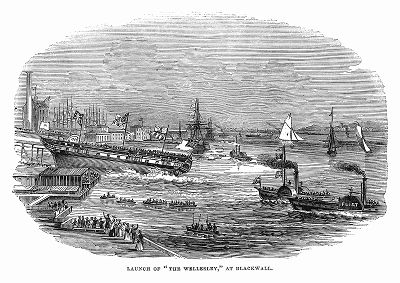 Спуск на воду нового корабля британского флота, предназначенного для торговли в Индии, построенного на судостроительных верфях в лондонском районе Блэкуолл (The Illustrated London News №102 от 13/04/1844 г.)