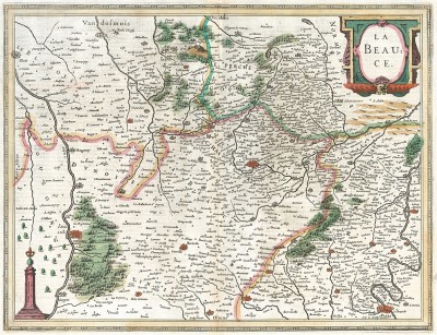 Карта плодородной равнины Бос в междуречье Сены и Луары и её столица город Шартр. La Beauce. Внизу справа - Париж и окрестности, слева - Орлеан. Составил Хенрикус Хондиус. Амстердам, 1633