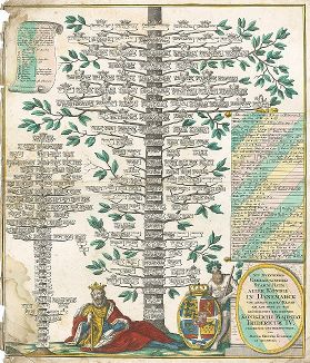 Генеалогическое древо Ольденбургской династии. Neu Inventierter Genealogischer Stamm Baum aller Konige in Danemarck.