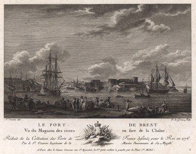Продовольственный магазин в порту Бреста, Франция (лист 1 из альбома гравюр Nouvelles vues perspectives des ports de France..., изданного в Париже в 1791 году)