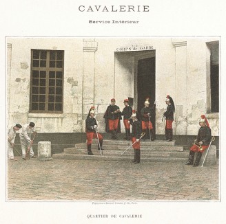 Французские кавалеристы у входа в казарму. L'Album militaire. Livraison №3. Cavalerie. Serviсe interieur. Париж. 1890