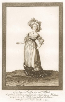 Обильно декольтированная девица придерживает левой рукой клатч, модный в Швейцарии XVI века (акватинта, выполненная по рисунку Ганса Гольбейна младшего, хранящемуся в публичной библиотеке города Базеля. Базель. 1790 год)