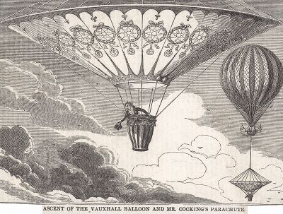 Подъем на воздушном шаре в Воксолл-Гарденз 24 июля 1837 г. и неудачный парашют Роберта Кокинга, на котором он разбился, прыгнув с шара. Иллюстрация из британского журнала The Mirror of Literature, Amusement and Instruction Magazine от 29 июля 1837г. 