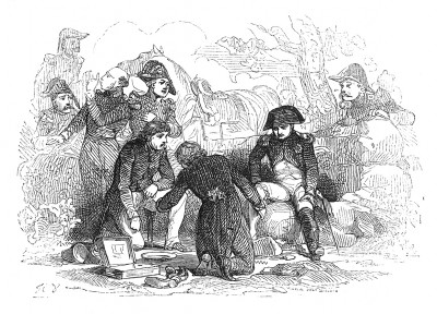 23 апреля 1809 г. в битве за Регенсбург Наполеон получает пулевое ранение в правую ногу. Чтобы не допустить паники, об этом запрещено говорить. После перевязки, надев сапог, он снова садится в седло. Histoire de l’empereur Napoléon, Париж, 1840