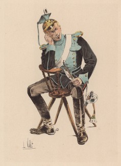1890-е гг. Улан 12-го полка германской армии в задумчивости (из "Иллюстрированной истории верховой езды", изданной в Париже в 1893 году)