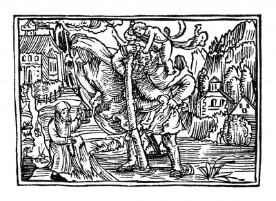 Офферус, принявший имя Христофор, переносит Иисуса Христа в образе ребенка через реку. Из "Жития Святого Христофора" (S. Christops Geburt und Leben) неизвестного немецкого мастера. Издал Johann Weyssenburger, Ландсхут, 1520.  