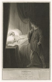 Иллюстрация к пьесе Шекспира "Цимбелин", акт II, сцена II: Якимо смотрит на спящую Имогену.  Graphic Illustrations of the Dramatic works of Shakspeare, Лондон, 1803.