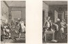 Фронтисписы ко второму и четвертому томам трагикомедийного романа «Жизнь и мнения Тристрама Шенди, джентльмена» известного английского писателя Лоренса Стерна (1713-68), личного друга Хогарта. Выполнены в 1759 и 1761 гг. Лондон, 1838