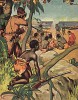 Робинзон Крузо и Пятница увидели дикарей и пленного. Лист из детской книги "Робинзон", изданной в Германии в начале 20 века