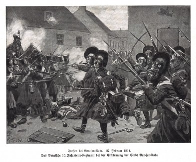 Атака баварской пехоты в сражении при Бар-сюр-Об 27 февраля 1814 г. Илл. Рихарда Кнотеля. Die Deutschen Befreiungskriege 1806-1815. Берлин, 1901