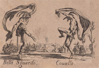 Джан Фрителло и Чурло (Gian Fritello - Ciurlo). Из цикла офортов конца 19 века, выполненного по серии гравюр Жака Калло "Balli Di Sfessania" (Танцы беззадых (бескостных)), в которой он изобразил персонажей итальянской "Комедии дель Арте"