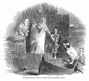 Освобождение королевы Шотландии Марии I Стюарт (1542 -- 1587 гг.), претендентки на английский престол из замка Лохлевен, в котором она была заточена, утратив доверие своих подданных (The Illustrated London News №106 от 11/05/1844 г.)