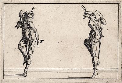 Панталоне, смотрящие друг на друга. Офорт Жака Калло из сюиты Capricci De Varie Figures (Флорентийская серия), ок. 1617 гг. 