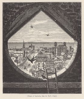 Вид на город Сандаски, штат Огайо, с колокольни собора Святого Павла. Лист из издания "Picturesque America", т.I, Нью-Йорк, 1872.