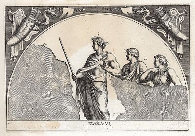 Прибытие героя (Энея?) в Элизиум. Le Pitture Antiche del Sepolcro de' Nasonii...", Рим, 1702 год