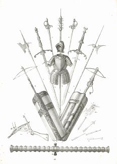 Трофейное швейцарское оружие (моргенштерн, эспадоны, мечи, секира, алебарда и арбалеты) XV-XVI веков и бургиньонская кулеврина. 