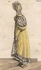 Шубка на шелковой подкладке, увенчанная атласной шляпкой с полосками из бархата. Из первого французского журнала мод эпохи ампир Journal des dames et des modes, Париж, 1813. Модель № 1290