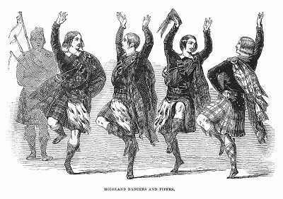 Весёлые шотландские танцоры и волынщики в национальных костюмах (The Illustrated London News №109 от 01/05/1844 г.)