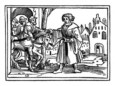 Прибытие гостей. Из "Жития Святого Христофора" (S. Christops Geburt und Leben) неизвестного немецкого мастера. Издал Johann Weyssenburger, Ландсхут, 1520. 