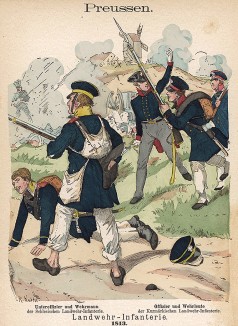 Униформа пехоты прусского ландвера образца 1813 г. Uniformenkunde Рихарда Кнотеля, часть 2, л.18. Ратенау (Германия), 1891
