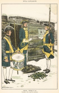 Капитан, мушкетёр и барабанщик шведской гвардейской пехоты в униформе образца 1700 г. Svenska arméns munderingar 1680-1905. Стокгольм, 1911