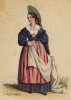 Жительница селения Иннер Роден (кантон Аппенцелль) с отрезом ткани. Сoutumes suisses dessinés d'aprés nature, par J.Suter. Париж, 1840