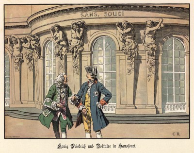 Король Фридрих Великий и Вольтер в Сан-Суси. Р.Кнотель, К.Рехлинг "Старый Фриц...", л.17. Берлин, 1895