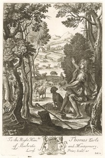 Пастух по имени Коридон горестно стенает о своей любви к "вероломному Алексису". Иллюстрация к эклоге II "Буколик" Вергилия. Лист посвящён Лорду-хранителю Малой печати -- Томасу Герберту -- графу Пемброк и Монтгомери (1656--1733).
