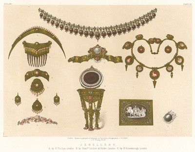 Золотые камеи, серьги, броши и ожерелье, имитирующие украшения этрусков, от лондонского ювелира Филипса. Каталог Всемирной выставки в Лондоне 1862 года, т.2, л.167