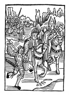 Святой Вольфганг помогает будущему чешскому князю Олдржиху, спасающемуся бегством. Из "Жития Святого Вольфганга" (Das Leben S. Wolfgangs) неизвестного немецкого мастера. Издал Johann Weyssenburger, Ландсхут, 1515