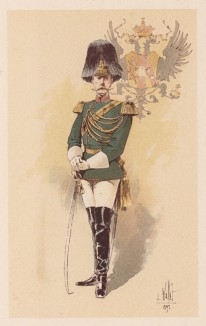 Конногвардеец в парадной форме на фоне герба Австро-Венгерской монархии (из "Иллюстрированной истории верховой езды", изданной в Париже в 1893 году)