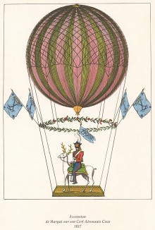Париж, 1817 г. Француз Марг, сидя на белом олене Коко, поднимается на воздушном шаре с газона парка Тиволи. Из альбома Balloons, выполненного по старинным гравюрам, посвящённым истории воздухоплавания. Лондон, 1956