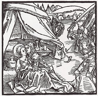 Израелитский рыцарь убивает одного из своих сподвижников, застигнутого с язычницей (иллюстрация к книге "Рыцарь Башни", гравированная Дюрером в 1493 году)