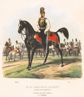 Офицер австрийской тяжёлой кавалерии в полевой форме (из K. K. Oesterreichische Armée nach der neuen Adjustirung in VI. abtheil. III te. Abtheil. Cavallerie. Лист 16. Вена. 1837 год)