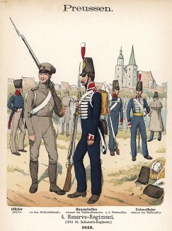Пехотинцы 4-го резервного полка прусской армии в униформе образца 1757 г. Uniformenkunde Рихарда Кнотеля, л.24. Ратенау (Германия), 1890