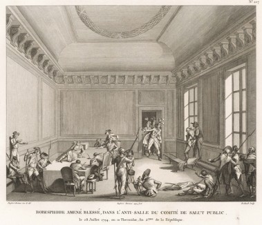 Раненого Робеспьера доставляют в помещение Комитета Общественного спасения. 28 июня 1794 г. захваченный в Ратуше Максимилиан Робеспьер передан Революционному трибуналу и в тот же день обезглавлен. Париж, 1804