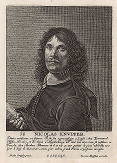 Николаус Кнюпфер (ок. 1609 -- 1655 гг.) -- немецкий живописец и рисовальщик, считается представителем голландской школы. Гравюра Петера де Йоде с автопортрета художника. 