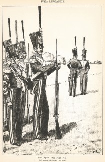Гренадеры шведской лейб-гвардии в униформе образца 1833-45 гг. Svenska arméns munderingar 1680-1905. Стокгольм, 1911