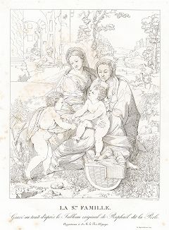 "Святое семейство" (Ла Перла) работы Рафаэля. Лист из издания "Suite d'etudes calquees et dessinees d'apres cinq tableaux de Raphael ...", Париж, 1818. 