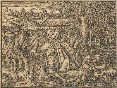 Опьяненный Ной и его сыновья. Иллюстрация к самому красивому изданию Библии, созданному в середине XVI века в Виттенберге (издатель Ганс Крафт). 
