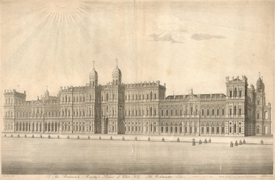 Уайтхолл - резиденция английских королей с 1530 г. до пожара 1698 г. Of His Britannick Majesty's Palace of White Hall, the Westminster side. Проектировал Иниго Джонс (1573-1652), отец английской архитектурной традиции. Лондон, 1748