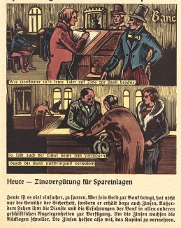 Сегодня банки начисляют проценты по вкладам. Из брошюры Das Deutche Bankwesen - краткой истории мировой финансовой системы и немецкого банковского дела в 30 картинках, изложенной нацистскими художниками. Эссен, 1938